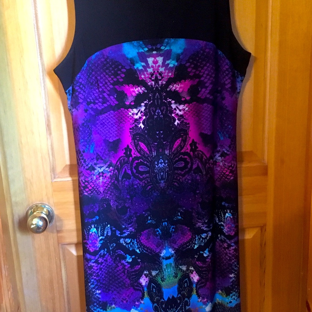 Gorgeous black dress with turquoise/purple pattern.  Sz L